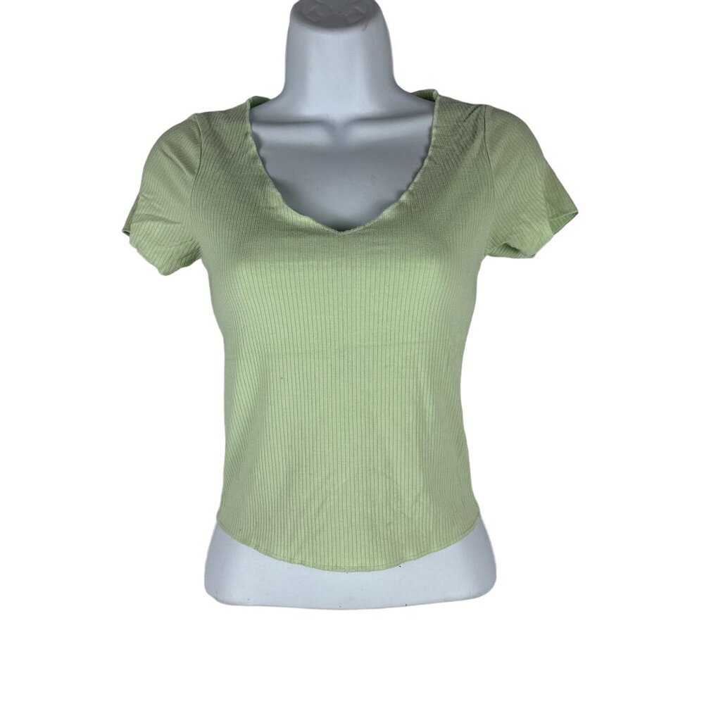 Wild Fable Light Green Ribbed V-Neck Short Sleeve Top XS Rayon/Spandex
